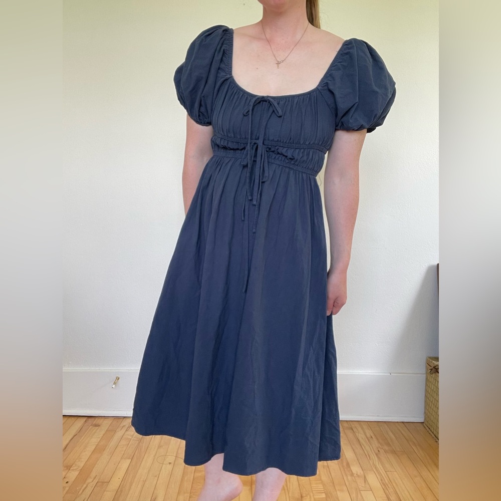 Navy blue cotton midi dress with puffy sleeves and tie front